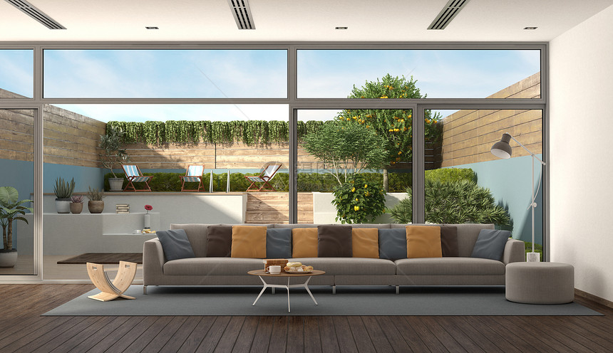 目的咖啡现代别墅客厅有丰富多彩的沙发和以背景为花园的3D提供一个以背景为花园的现代别墅客厅当的图片