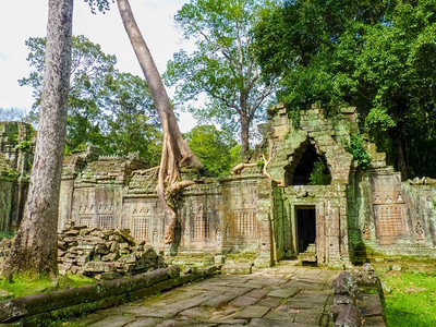 汗过去的柬埔寨暹粒吴哥地区的PreaKhan寺庙受保护图片