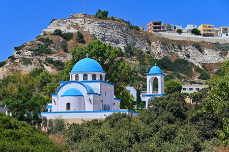 海希腊科斯岛传统美丽的小型希腊式礼拜堂白色的图片