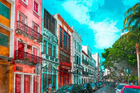 巴西在旧累腓博姆街的多彩画作市中心风景图片
