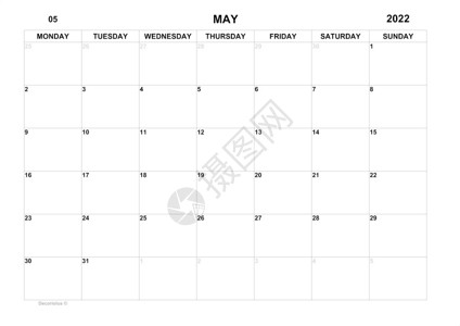 英语空白的20年5月的计划者度历20月的组织者业务计划月度待办事项计划者的空单元格月度组织者日历周开始计划者月的历日周开始星期背景图片