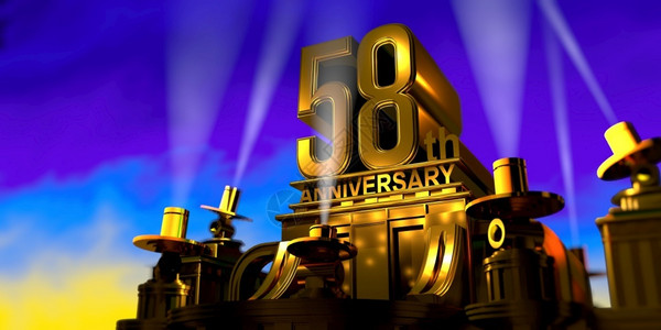 西湖音乐喷泉58周年纪念日在一座大型金色仿古风格建筑上由6盏泛光灯照亮在蓝天上用白光日落3D插图周年在一座金色建筑上用厚的字母在日落时由盏泛设计图片