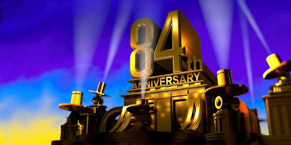 雅安6周年祭奠84周年纪念日在一座大型金色仿古风格建筑上由6盏泛光灯照亮在日落时蓝天上发出白光3D插图周年在一座金色建筑上用厚的字母在日落时蓝背景