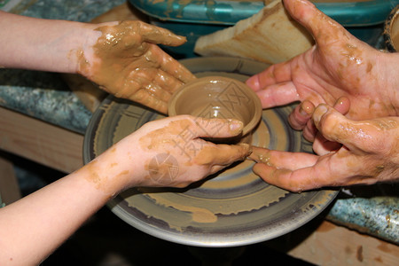 破损的古代车轮历史陶艺制作过程粘土陶瓷艺术大师班从轮上的粘土制作陶艺家的手在圆圈上制作陶罐艺过程器手指背景