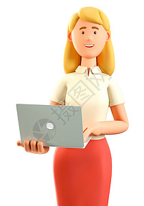 美女拿着礼盒三维插图3D美女金发人拿着笔记本电脑近距离拍摄动画肖像利用计算机白色背景办公室概念孤立的红裙子上微笑着迷人的卡通女商业短裙秘书设计图片
