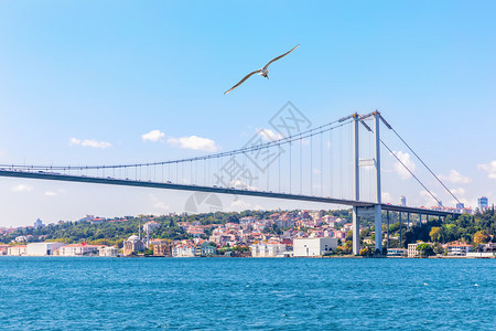 城市全景游客Bosphorus桥和欧洲伊斯坦布尔海岸Ortakoy清真寺观支撑高清图片素材