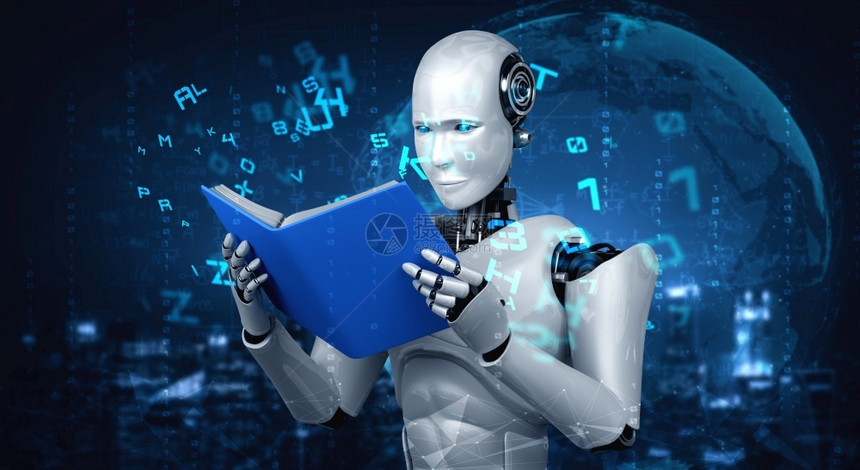 在未来的人工智能概念中3D说明机器人造体读物书籍第4次工业革命第4次3D说明机器人造体读物书籍大学图馆男人图片
