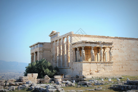 老的日落时埃勒支神庙雅典希腊著名的雕像高清图片