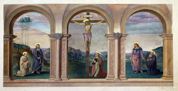 耶稣在十字架上场景宗教的EduardKaiser复制自PietroPereguino三角形在萨格勒布克罗地亚科学艺术院曝光佩鲁吉诺背景