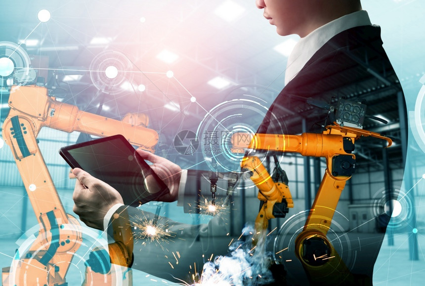 创新接触机械化工业器人手臂和工厂双曝光业革命和自动化制造过程的机器人技术概念械化工业器人手臂和工厂双曝光革命图片