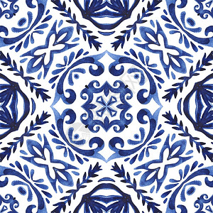塔拉韦拉花的打印巴洛克式抽象无缝装饰水彩锦缎波斯漆图案Azulejo风格陶瓷设计地中海砖抽象蓝色和白手绘瓷砖无缝装饰水彩颜料图案设计图片