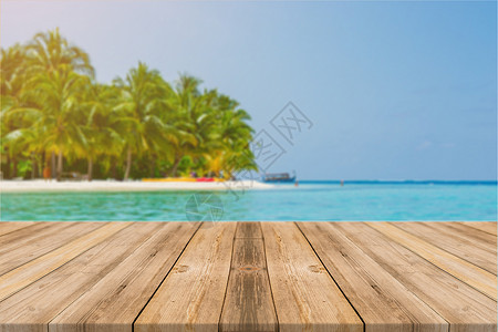 夏天景观能够蓝海空背景前的木板桌海洋和天上的木地板透视可用于展示或配合产品在沙滩夏季的概念在海滩上展示或更新产品背景图片
