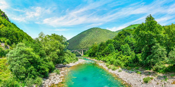 建造桥水黑山区的Tara河在阳光明媚的暑夏日山脉中的Tara河风景优美高清图片素材