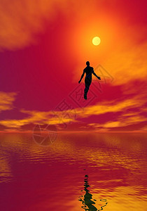 黑色的饶恕提升红云般的日落笼罩在海面太阳下的人影子图片