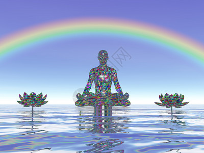 彩虹下荷塘禅松弛彩虹下和平人的多彩冥想3D渲染彩虹下的多冥想渲染活力设计图片