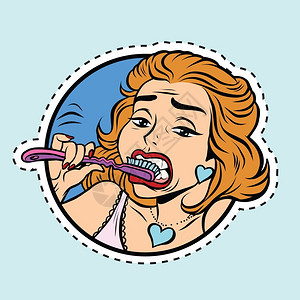 美白丽的女孩在刷牙流行艺术漫画插图标签贴纸刺穿轮廓刷子牙医图片