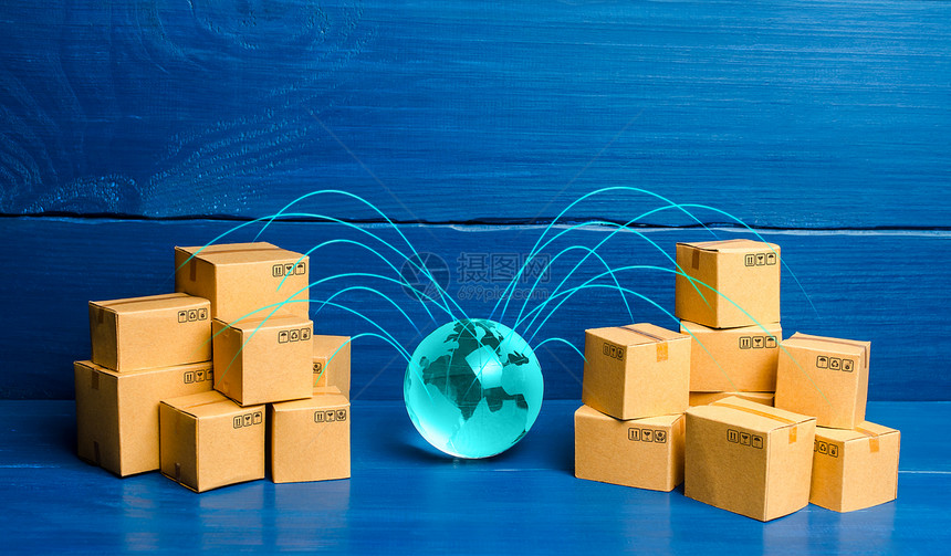 合作与地球相连的盒子在世界各地运送货物和产品的概念国际货物运输业务全球化航运货配送购买服务图片