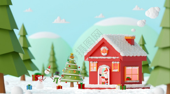 圣诞聚会人像作品圣诞快乐新年圣诞派对老人和雪在一个松树林红屋的里户外快乐的设计图片