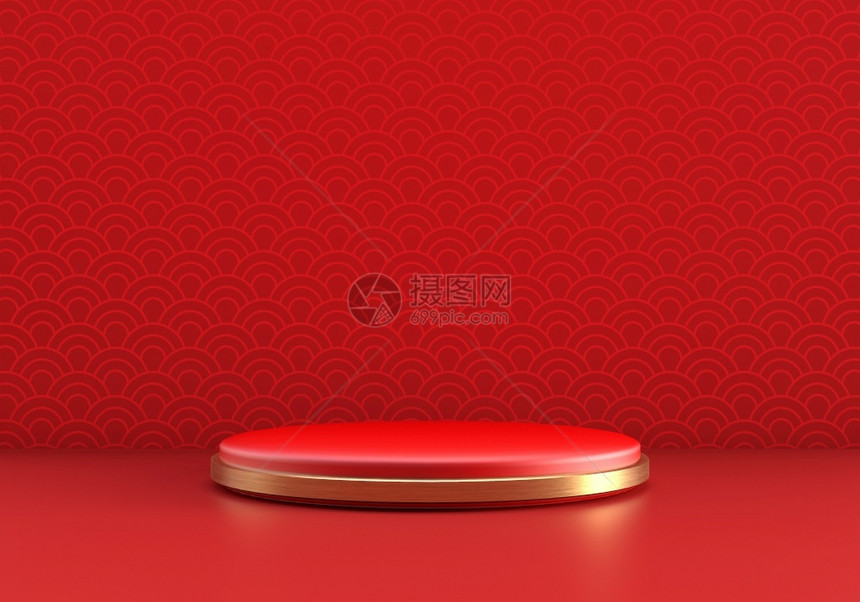 珠宝质地新年风格红一台讲产品展示配有金环形和布景背图案假日传统艺术节概念3D插图提供形设计红色的图片