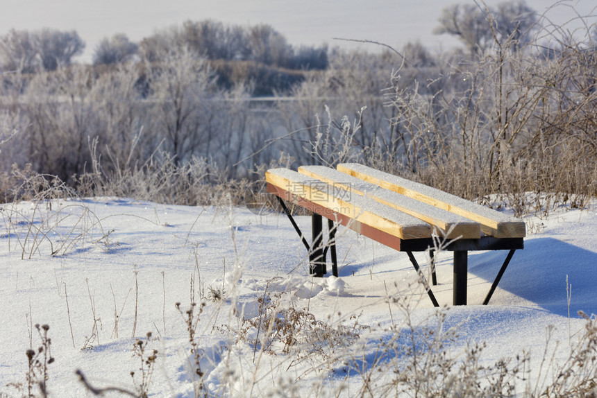 河岸边的木板凳站立在一条阳光明媚的冬天日上严寒的乡村冬季风景在河岸背下洒满雪花的木板凳子上一种霜户外图片