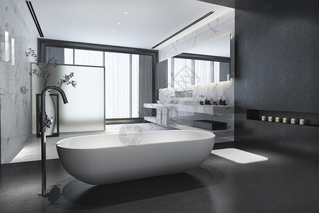 3d提供现代黑石浴室配有豪华瓷砖装饰器窗外的自然景色良好洗手间黑色的背景图片