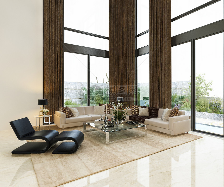 3d提供豪华客厅大休息室和高窗大厅舒适墙的图片