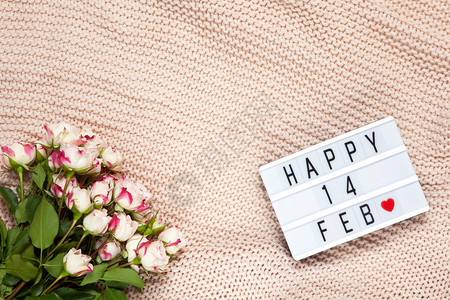 灯箱布躺着粉色毯子上的小玫瑰布束光盒上面刻着快乐14自由解放节意思是情人平板露天观2月14日的庆典概念爱裹背景