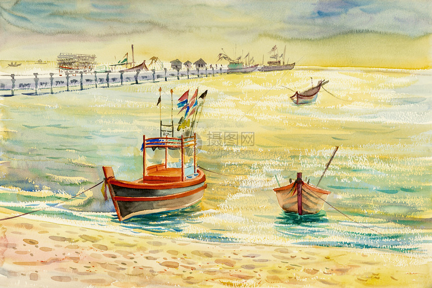 美丽天气热带原始的渔船彩色画以及阳光和云底背景中的感彩之多阳光和云底背景中的情绪图片