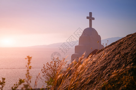 景观爱琴海正东教十字堂的惊人日落颜色宗象征着希腊密科诺斯岛冷静的图片