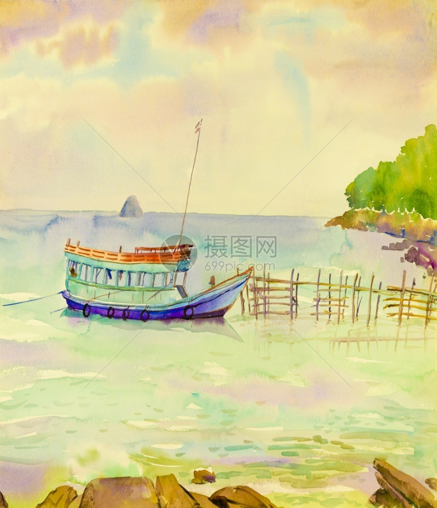 水彩画原始海景渔船的色彩多以及天空云背景中的情绪天气夏原来图片