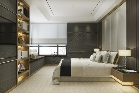 3d提供木制现代豪华套房配有书架和衬垫内部的地面当代图片