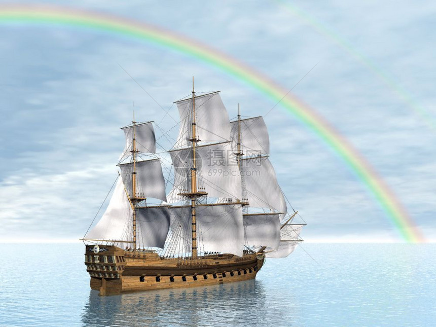 紧靠在海面彩虹下一艘美丽而精密的旧商船3D航海的木制有创造力图片