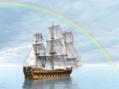 彩虹下荷塘紧靠在海面彩虹下一艘美丽而精密的旧商船3D航海的木制有创造力设计图片