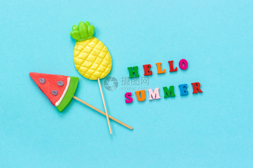 你好夏天和西瓜菠萝糖果图片