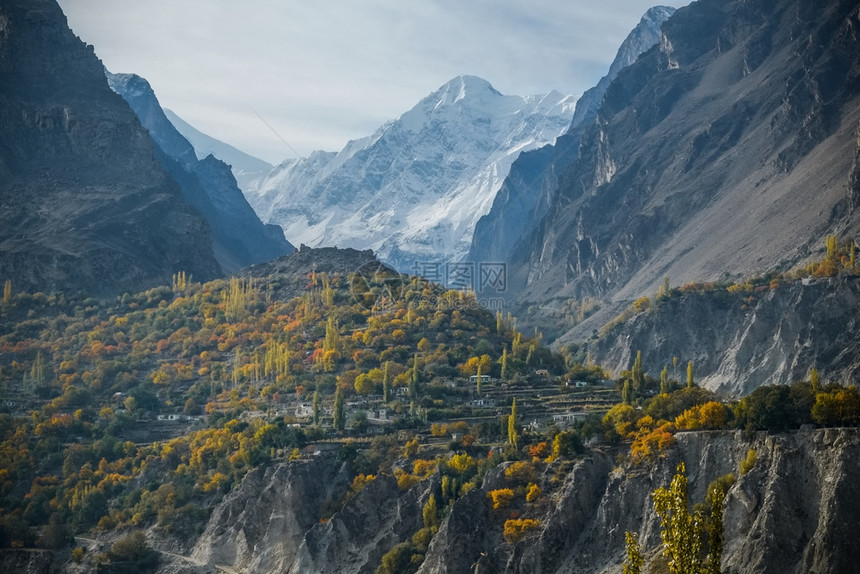 首脑季节纳加尔巴基斯坦GilgitBaltistan的NagarValleyAutumn秋季卡拉科姆山脉雪盖峰自然景观图片