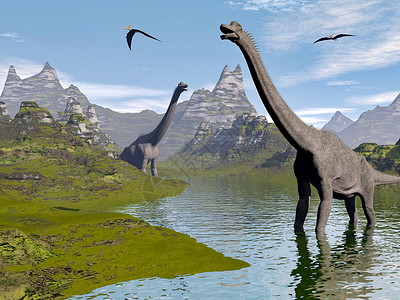 古生物学在水中行走的木龙恐由美丽的一天在水面上行走中的木龙恐3D转化成风景优美迪诺爪子设计图片