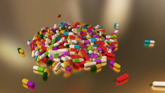 科学3D使多色医用药丸从上到下地跌落健康的处方图片