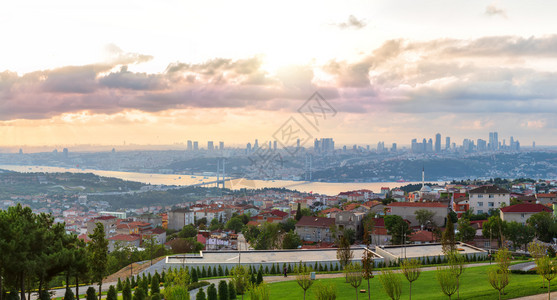 从土耳其卡姆利山欣赏博斯普鲁海峡大桥和伊坦布尔摩天大楼从土耳其卡姆利山欣赏博斯普鲁海峡大桥和伊坦布尔摩天大楼欧洲际线城市景观背景图片