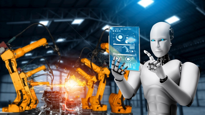 未来用于工厂生产装配的机械化工业器人和械臂工业革命和自动化制造过程的人工智能概念用于工厂生产装配的机械化工业器人和械臂工程师电脑图片
