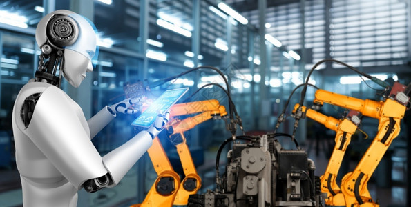 中断聪明的用于工厂生产装配的机械化工业器人和械臂工业革命和自动化制造过程的人工智能概念用于工厂生产装配的机械化工业器人和械臂事物工程设计图片