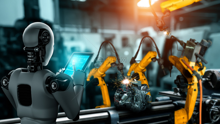网络用于工厂生产装配的机械化工业器人和械臂工业革命和自动化制造过程的人工智能概念用于工厂生产装配的机械化工业器人和械臂未来技术图片