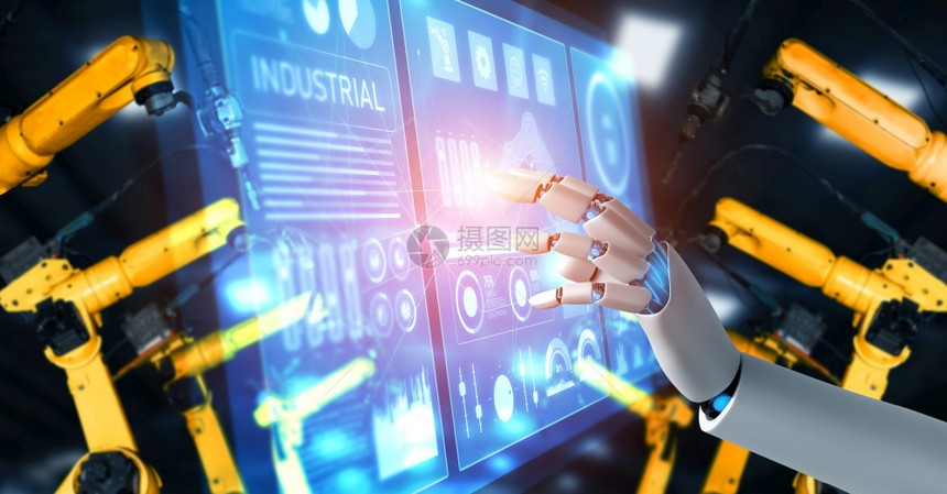虚拟现实用于工厂生产装配的机械化工业器人和械臂工业革命和自动化制造过程的人工智能概念用于工厂生产装配的机械化工业器人和械臂转型物图片