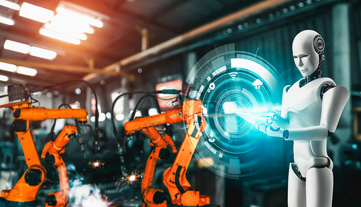 控制论的用于工厂生产装配的机械化工业器人和械臂工业革命和自动化制造过程的人工智能概念用于工厂生产装配的机械化工业器人和械臂制造业背景图片