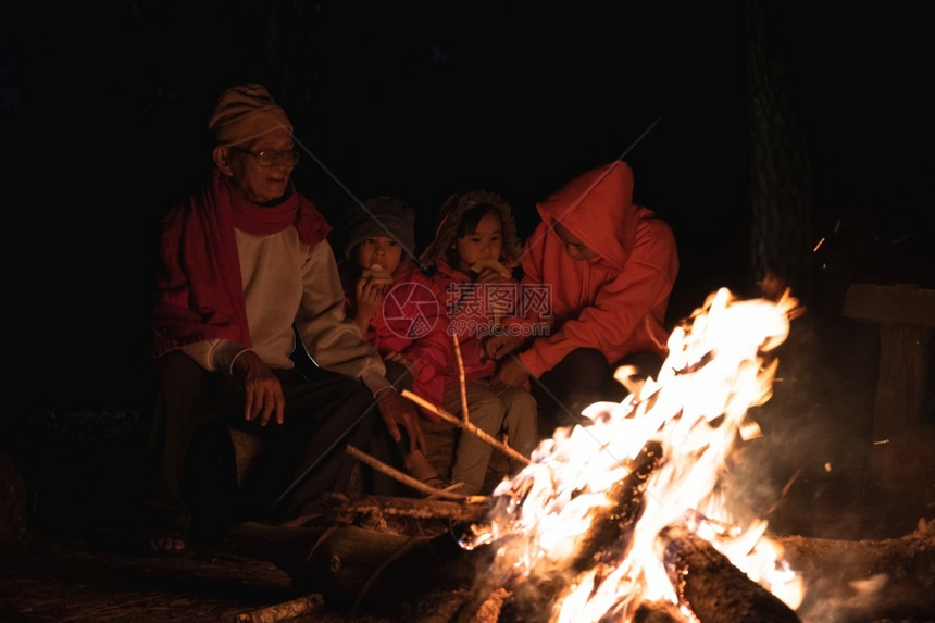 假期在森林中亲家营火附近取暖并在松林旅游和露营概念中与家人交谈夜间在野火附近扎营旅行野餐图片
