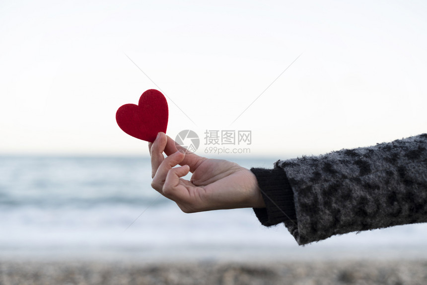 女人手握着红心在海边的情人节概念上开花自然家庭图片