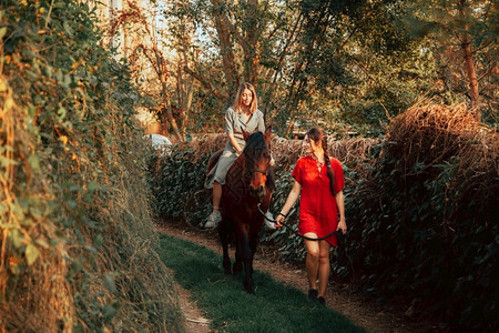 马术快乐的服用两个女朋友聊天骑着马乘兜风穿过农村的乡间图片