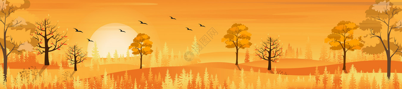 树木矢量图秋天全景遍地的乡村边观秋季风山和林木横幅的矢量图黄叶树坠落美丽的农村插图背景