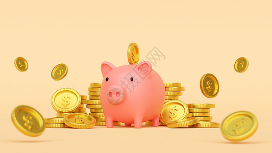 钱储蓄概念把硬币放进小猪银行Banner背景3D现金订横幅背景图片