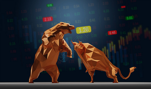琼斯键费率折纸具有股票市场概念的低多边形3投法的公牛和熊标志设计图片