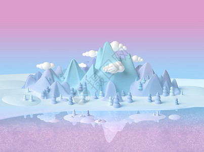 面色萎黄假想谷童年幻世界冬季梦幻山和冰冻的湖景观以柔软的形式和面色冬天设计图片